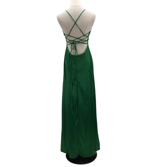 LULU'S L Green VNeck Enchanting Appearance Side Slit Lace-Up Maxi Dress NEW B109 - Picture 4 of 10